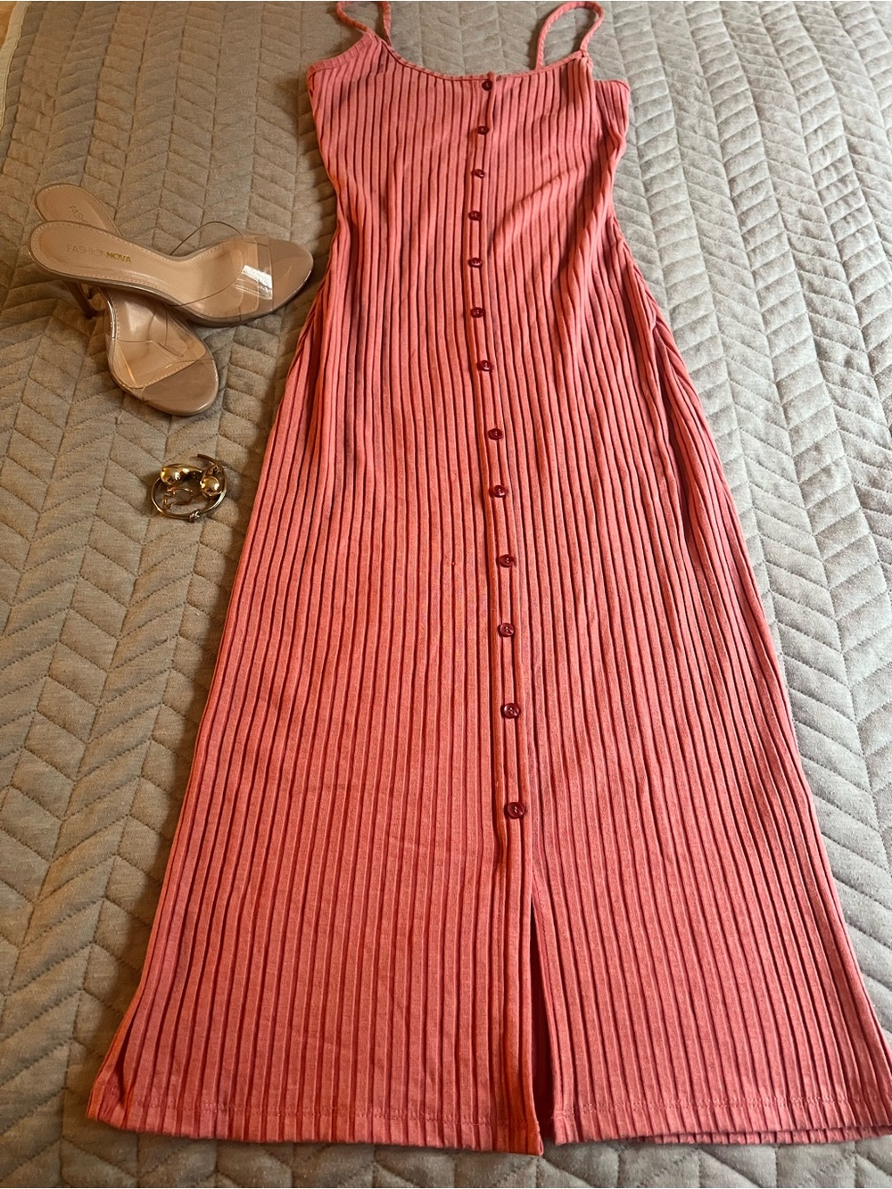 Zara Coral Ribbed Button-Front Midi Dress